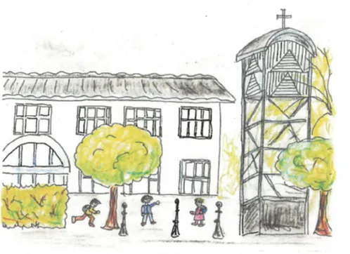 Zeichnung der Dorfkirche und der Kita Alt_lichtenrade, vor der Kinder spielen. In einem gelben Bogen stehen die Worte "Ev. Kindertagesstätte Alt-Lichtenrade"