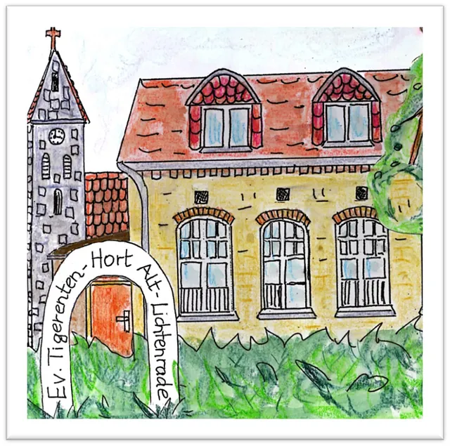 Zeichnung der Dorfkirche und der Kita Alt_lichtenrade, vor der Kinder spielen. In einem gelben Bogen stehen die Worte "Ev. Kindertagesstätte Alt-Lichtenrade"