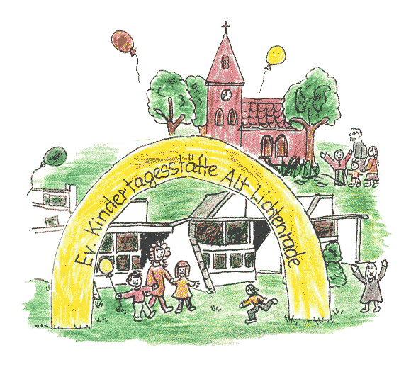 Zeichnung der Dorfkirche und der Kita Alt_lichtenrade, vor der Kinder spielen. In einem gelben Bogen stehen die Worte "Ev. Kindertagesstätte Alt-Lichtenrade"